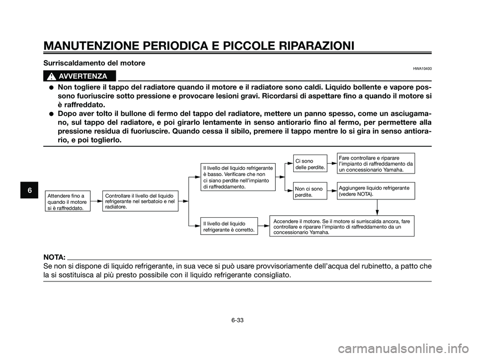 YAMAHA XMAX 250 2007  Manuale duso (in Italian) Surriscaldamento del motoreHWA10400
s s
AVVERTENZA
Non togliere il tappo del radiatore quando il motore e il radiatore sono caldi. Liquido bollente e vapore pos-
sono fuoriuscire sotto pressione e pr