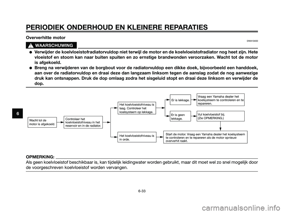 YAMAHA XMAX 250 2007  Instructieboekje (in Dutch) Oververhitte motorDWA10400
s s
WAARSCHUWING
Verwijder de koelvloeistofradiatorvuldop niet terwijl de motor en de koelvloeistofradiator nog heet zijn. Hete
vloeistof en stoom kan naar buiten spuiten e