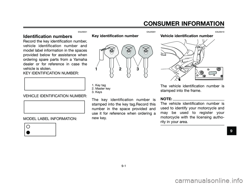 YAMAHA XMAX 250 2006 Manual PDF EAU26351
Identification numbers
Record the key identification number,
vehicle identification number and
model label information in the spaces
provided below for assistance when
ordering spare parts fr YAMAHA XMAX 250 2006 Manual PDF EAU26351
Identification numbers
Record the key identification number,
vehicle identification number and
model label information in the spaces
provided below for assistance when
ordering spare parts fr