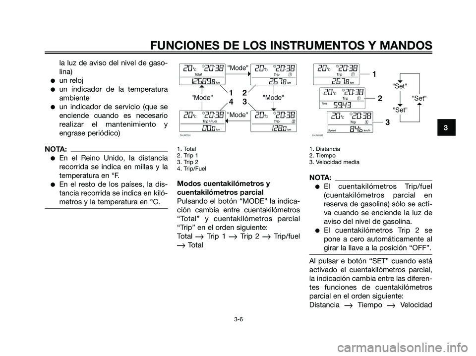 YAMAHA XMAX 250 2006  Manuale de Empleo (in Spanish) la luz de aviso del nivel de gaso-
lina)
un reloj
un indicador de la temperatura
ambiente
un indicador de servicio (que se
enciende cuando es necesario
realizar el mantenimiento y
engrase periódic