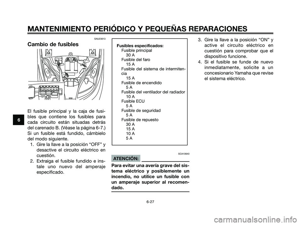 YAMAHA XMAX 250 2006  Manuale de Empleo (in Spanish) SAU23613
Cambio de fusibles
El fusible principal y la caja de fusi-
bles que contiene los fusibles para
cada circuito están situadas detrás
del carenado B. (Véase la página 6-7.)
Si un fusible est