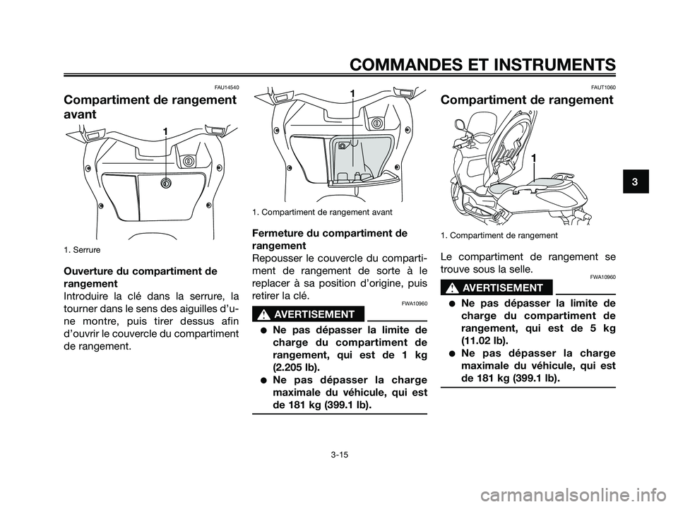 YAMAHA XMAX 250 2005  Notices Demploi (in French) FAU14540
Compartiment de rangement
avant
1. Serrure
Ouverture du compartiment de
rangement
Introduire la clé dans la serrure, la
tourner dans le sens des aiguilles d’u-
ne montre, puis tirer dessus