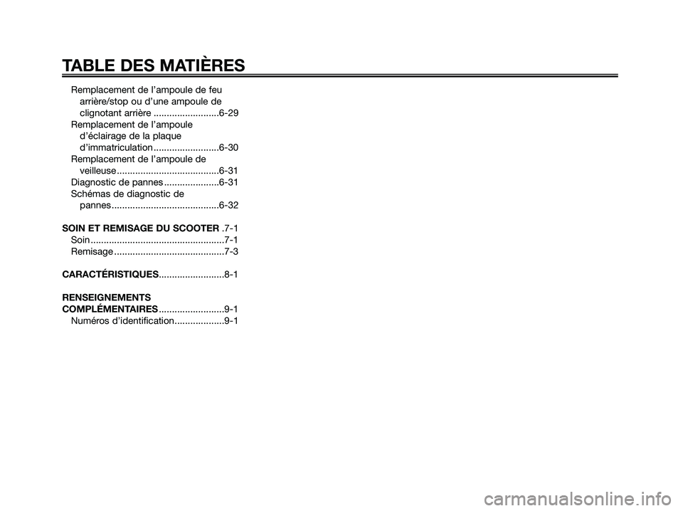 YAMAHA XMAX 250 2006 Notices Demploi (in French) Remplacement de l’ampoule de feu
arrière/stop ou d’une ampoule de
clignotant arrière .........................6-29
Remplacement de l’ampoule
d’éclairage de la plaque
d’immatriculation ... YAMAHA XMAX 250 2006 Notices Demploi (in French) Remplacement de l’ampoule de feu
arrière/stop ou d’une ampoule de
clignotant arrière .........................6-29
Remplacement de l’ampoule
d’éclairage de la plaque
d’immatriculation ...