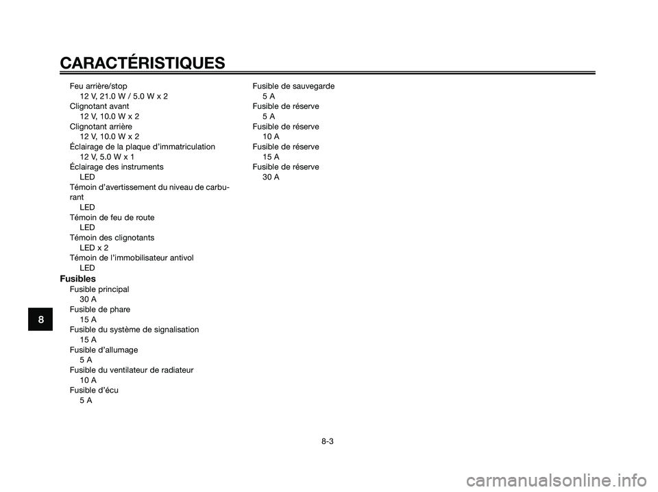 YAMAHA XMAX 250 2005  Notices Demploi (in French) Feu arrière/stop
12 V, 21.0 W / 5.0 W x 2
Clignotant avant
12 V, 10.0 W x 2
Clignotant arrière
12 V, 10.0 W x 2
Éclairage de la plaque d’immatriculation
12 V, 5.0 W x 1
Éclairage des instruments