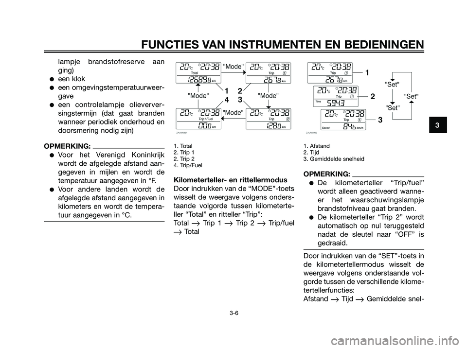YAMAHA XMAX 250 2006  Instructieboekje (in Dutch) lampje brandstofreserve aan
ging)
een klok
een omgevingstemperatuurweer-
gave
een controlelampje olieverver-
singstermijn (dat gaat branden
wanneer periodiek onderhoud en
doorsmering nodig zijn)
OP