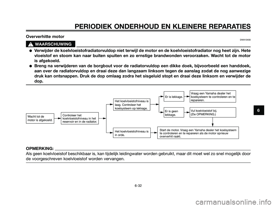 YAMAHA XMAX 250 2006  Instructieboekje (in Dutch) Oververhitte motorDWA10400
s s
WAARSCHUWING
Verwijder de koelvloeistofradiatorvuldop niet terwijl de motor en de koelvloeistofradiator nog heet zijn. Hete
vloeistof en stoom kan naar buiten spuiten e