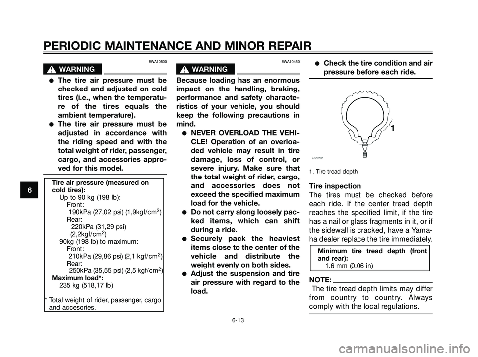 YAMAHA XMAX 250 2005  Owners Manual EWA10500
s
sWARNING
The tire air pressure must be
checked and adjusted on cold
tires (i.e., when the temperatu-
re of the tires equals the
ambient temperature).
The tire air pressure must be
adjuste