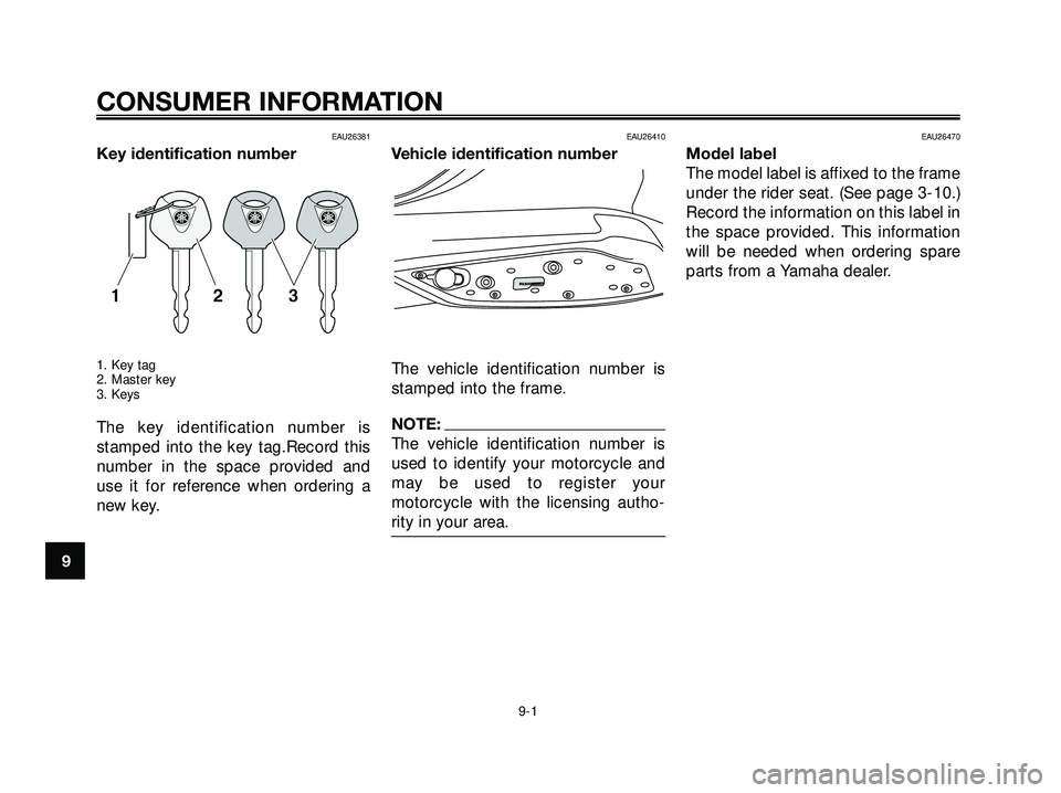 YAMAHA XMAX 250 2005 Repair Manual EAU26381
Key identification number
1. Key tag
2. Master key
3. Keys
The key identification number is
stamped into the key tag.Record this
number in the space provided and
use it for reference when ord