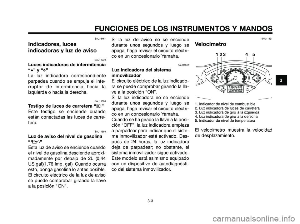 YAMAHA XMAX 250 2005  Manuale de Empleo (in Spanish) SAU33461
Indicadores, luces
indicadoras y luz de aviso
SAU11030
Luces indicadoras de intermitencia
“
c” y “d”
La luz indicadora correspondiente
parpadea cuando se empuja el inte-
rruptor de in