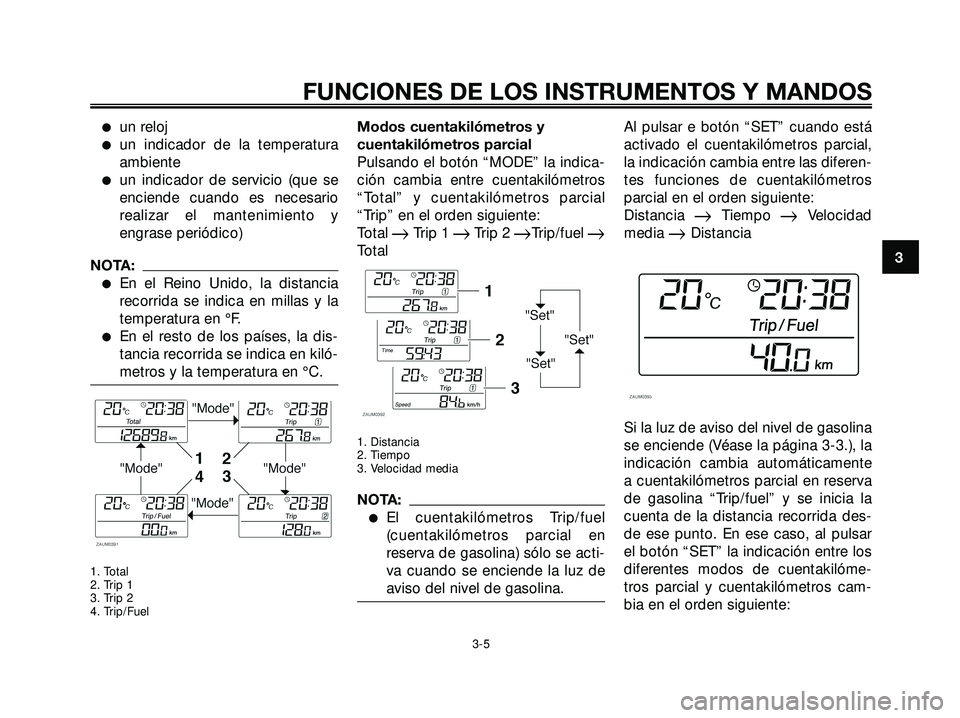 YAMAHA XMAX 250 2005  Manuale de Empleo (in Spanish) un reloj
un indicador de la temperatura
ambiente
un indicador de servicio (que se
enciende cuando es necesario
realizar el mantenimiento y
engrase periódico)
NOTA:
En el Reino Unido, la distancia