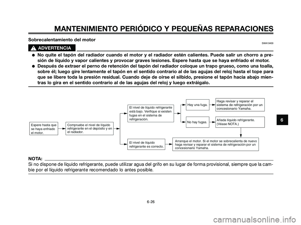 YAMAHA XMAX 250 2005  Manuale de Empleo (in Spanish) Sobrecalentamiento del motorSWA10400
s s
ADVERTENCIA
No quite el tapón del radiador cuando el motor y el radiador estén calientes. Puede salir un chorro a pre-
sión de líquido y vapor calientes y