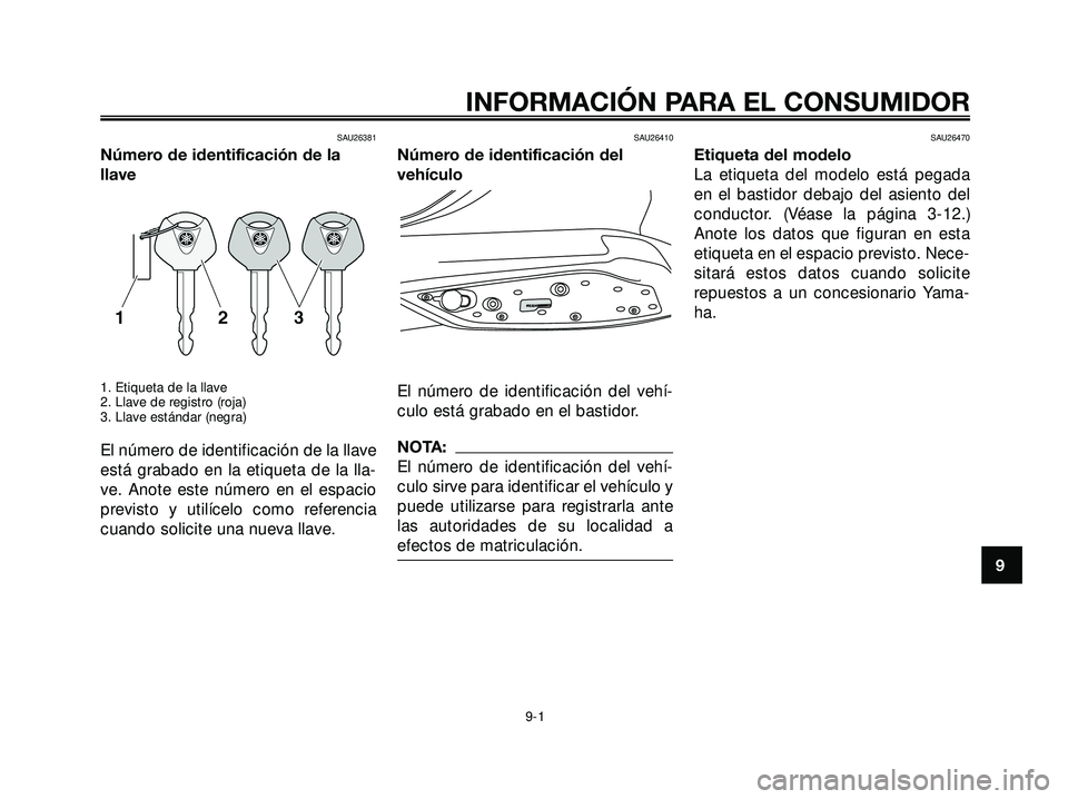 YAMAHA XMAX 250 2005 Manuale de Empleo (in Spanish) SAU26381
Número de identificación de la
llave
1. Etiqueta de la llave
2. Llave de registro (roja)
3. Llave estándar (negra)
El número de identificación de la llave
está grabado en la etiqueta de YAMAHA XMAX 250 2005 Manuale de Empleo (in Spanish) SAU26381
Número de identificación de la
llave
1. Etiqueta de la llave
2. Llave de registro (roja)
3. Llave estándar (negra)
El número de identificación de la llave
está grabado en la etiqueta de