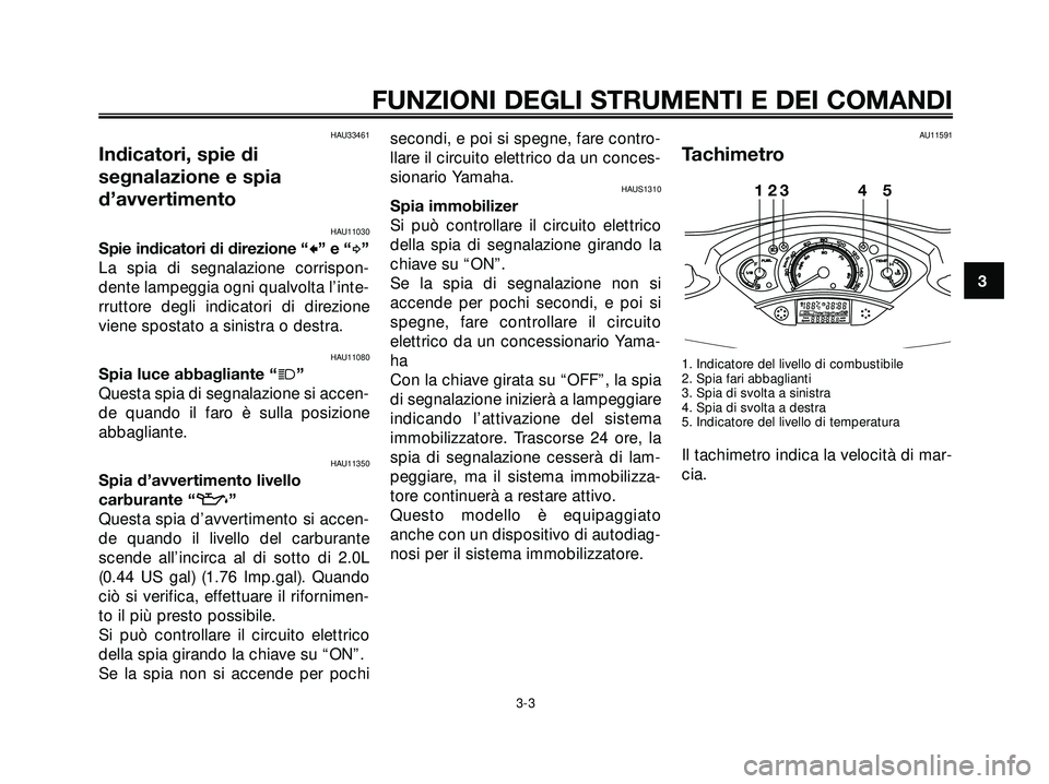 YAMAHA XMAX 250 2005  Manuale duso (in Italian) HAU33461
Indicatori, spie di
segnalazione e spia
d’avvertimento
HAU11030
Spie indicatori di direzione “c”e“d”
La spia di segnalazione corrispon-
dente lampeggia ogni qualvolta l’inte-
rrut