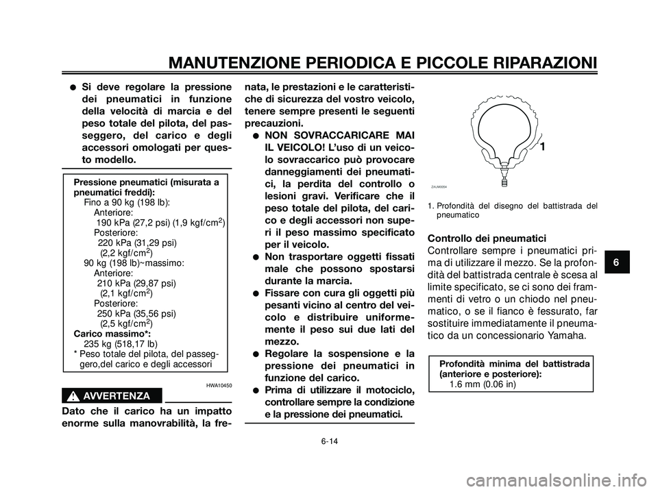 YAMAHA XMAX 250 2005  Manuale duso (in Italian) Si deve regolare la pressione
dei pneumatici in funzione
della velocità di marcia e del
peso totale del pilota, del pas-
seggero, del carico e degli
accessori omologati per ques-
to modello.
HWA1045