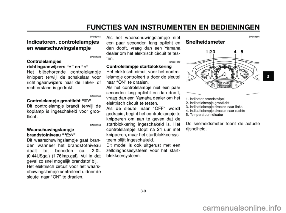 YAMAHA XMAX 250 2005  Instructieboekje (in Dutch) DAU33461
Indicatoren, controlelampjes
en waarschuwingslampje
DAU11030
Controlelampjes
richtingaanwijzers “
c” en “d”
Het bijbehorende controlelampje
knippert terwijl de schakelaar voor
richtin