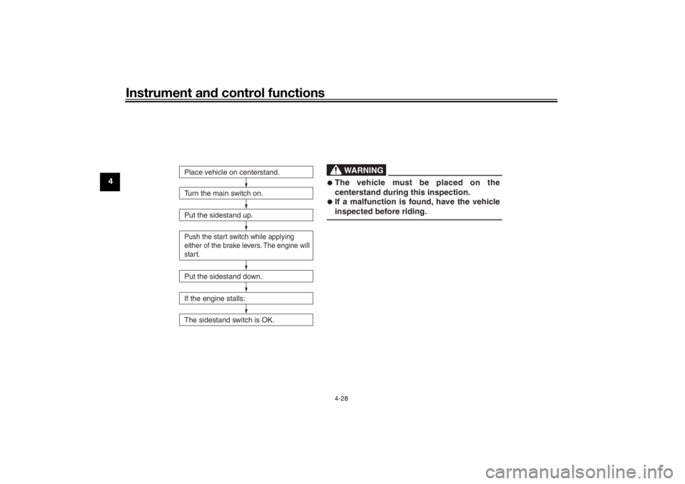 YAMAHA XMAX 300 2022 Workshop Manual Instrument and control functions
4-28
4
Turn the main switch on.
Put the sidestand up.Push the start switch while applying
either of the brake levers. The engine will
start.Put the sidestand down.
If YAMAHA XMAX 300 2022 Workshop Manual Instrument and control functions
4-28
4
Turn the main switch on.
Put the sidestand up.Push the start switch while applying
either of the brake levers. The engine will
start.Put the sidestand down.
If