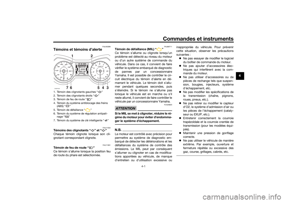 YAMAHA XMAX 300 2021 Notices Demploi (in French) Commandes et instruments
4-1
4
FAU4939N
Témoins et témoins d’alerte
FAU11032
Témoins des clignotants “ ” et “ ”
Chaque témoin clignote lorsque son cli-
gnotant correspondant clignote.
YAMAHA XMAX 300 2021 Notices Demploi (in French) Commandes et instruments
4-1
4
FAU4939N
Témoins et témoins d’alerte
FAU11032
Témoins des clignotants “ ” et “ ”
Chaque témoin clignote lorsque son cli-
gnotant correspondant clignote.