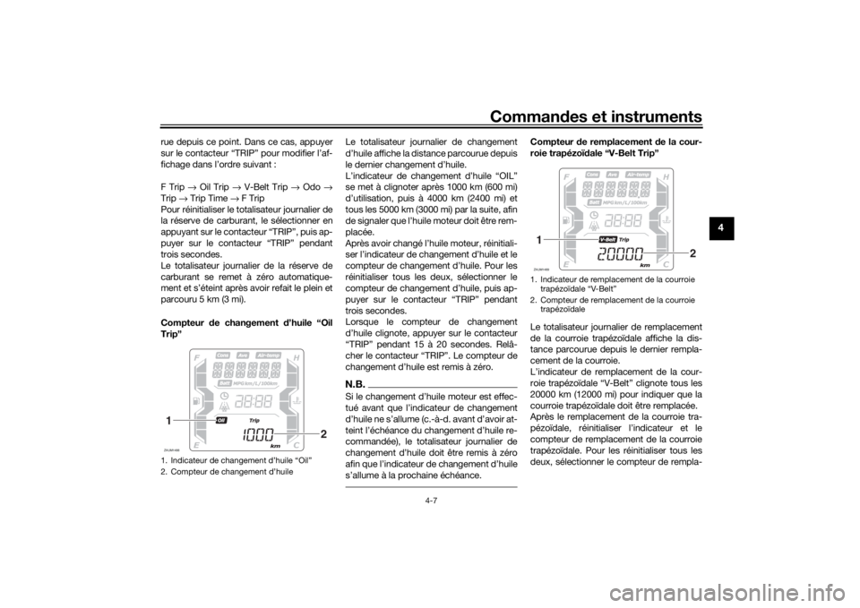 YAMAHA XMAX 300 2021 Notices Demploi (in French) Commandes et instruments
4-7
4
rue depuis ce point. Dans ce cas, appuyer
sur le contacteur “TRIP” pour modifier l’af-
fichage dans l’ordre suivant :
F Trip → Oil Trip → V-Belt Trip → O YAMAHA XMAX 300 2021 Notices Demploi (in French) Commandes et instruments
4-7
4
rue depuis ce point. Dans ce cas, appuyer
sur le contacteur “TRIP” pour modifier l’af-
fichage dans l’ordre suivant :
F Trip → Oil Trip → V-Belt Trip → O