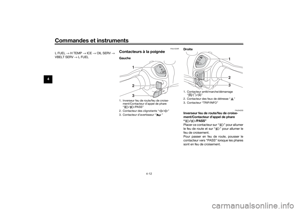 YAMAHA XMAX 300 2021 Notices Demploi (in French) Commandes et instruments
4-12
4
L FUEL → H TEMP → ICE → OIL SERV →
VBELT SERV → L FUEL
FAU1234R
Contacteurs à la poignéeGauche Droite
FAU54203
Inverseur feu
de route/feu d e croise YAMAHA XMAX 300 2021 Notices Demploi (in French) Commandes et instruments
4-12
4
L FUEL → H TEMP → ICE → OIL SERV →
VBELT SERV → L FUEL
FAU1234R
Contacteurs à la poignéeGauche Droite
FAU54203
Inverseur feu
de route/feu d e croise