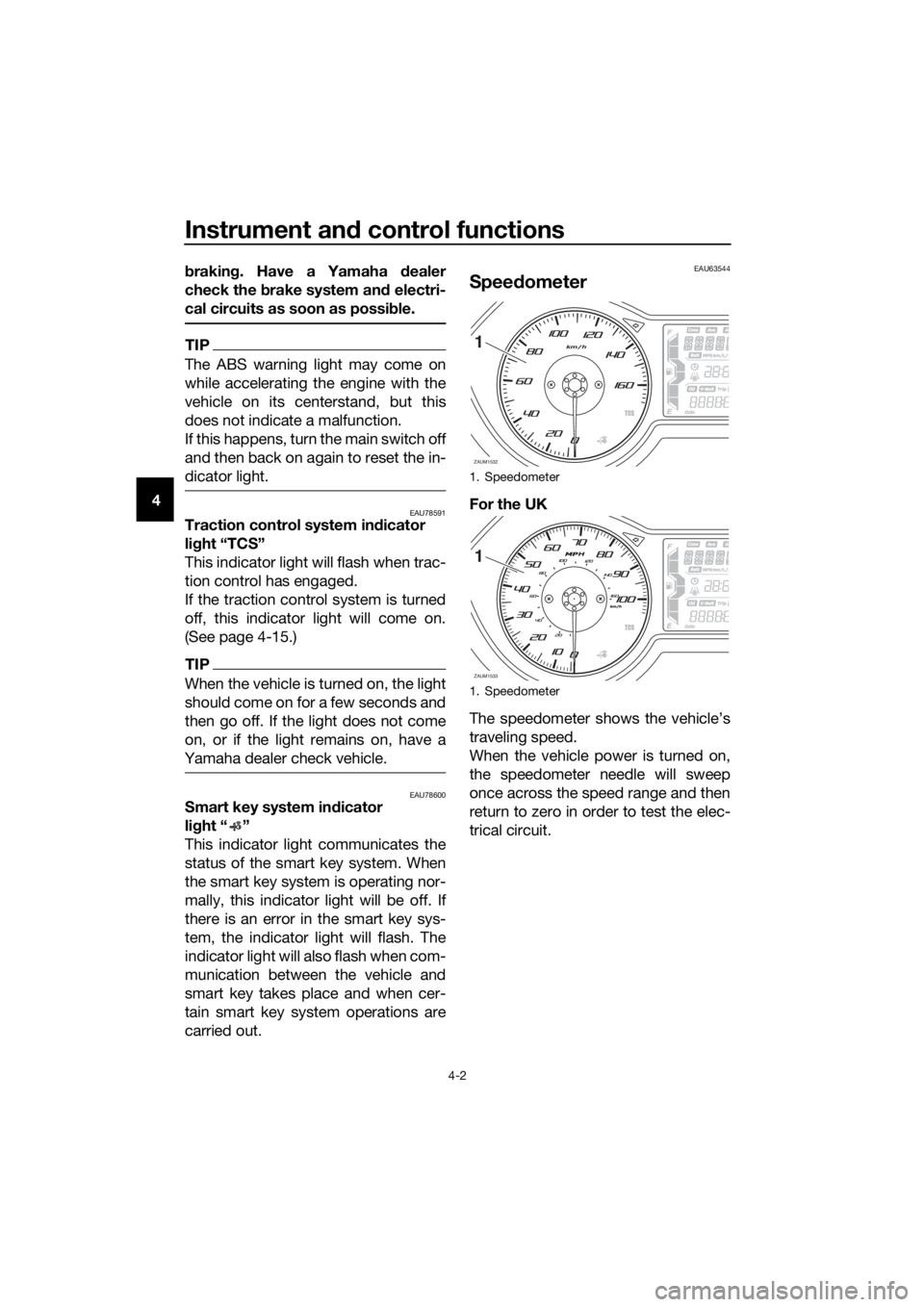 YAMAHA XMAX 300 2018  Owners Manual Instrument and control functions
4-2
4braking. Have a Yamaha dealer
check the brake system and electri-
cal circuits as soon as possible.
TIP
The ABS warning light may come on
while accelerating the e