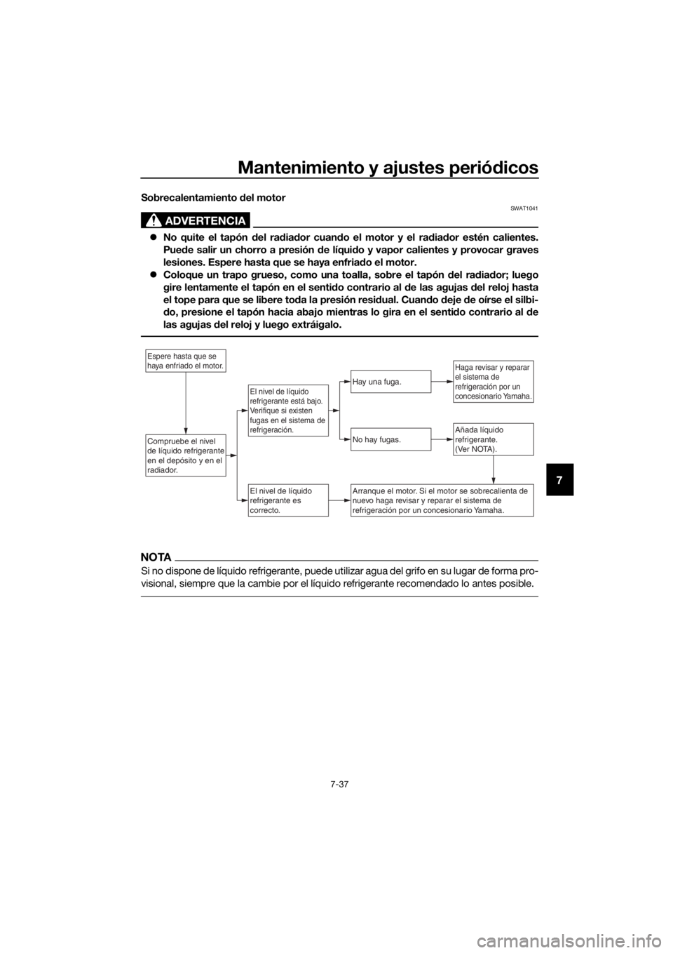 YAMAHA XMAX 300 2018  Manuale de Empleo (in Spanish) Mantenimiento y ajustes periódicos
7-37
7
Sobrecalentamiento del motor
ADVERTENCIA
SWAT1041
No quite el tapón del radiador cuando el motor y el radiador estén calientes.
Puede salir un chorro a 