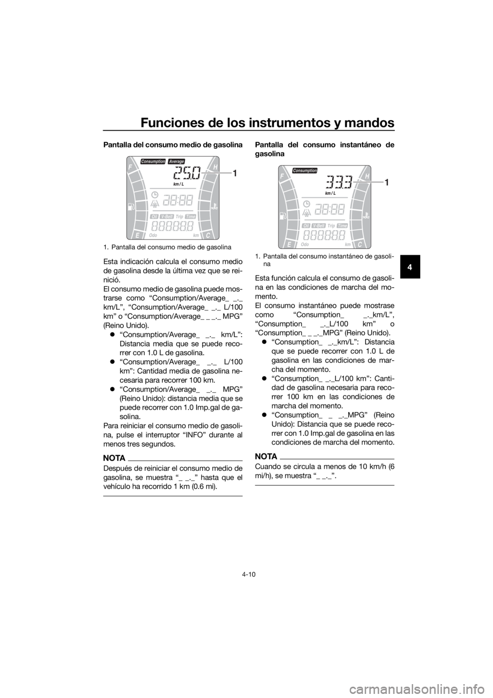 YAMAHA XMAX 300 2017  Manuale de Empleo (in Spanish) Funciones de los instrumentos y man dos
4-10
4
Pantalla  del consumo me dio  de gasolina
Esta indicación calcula el consumo medio
de gasolina desde la última vez que se rei-
nició.
El consumo medio