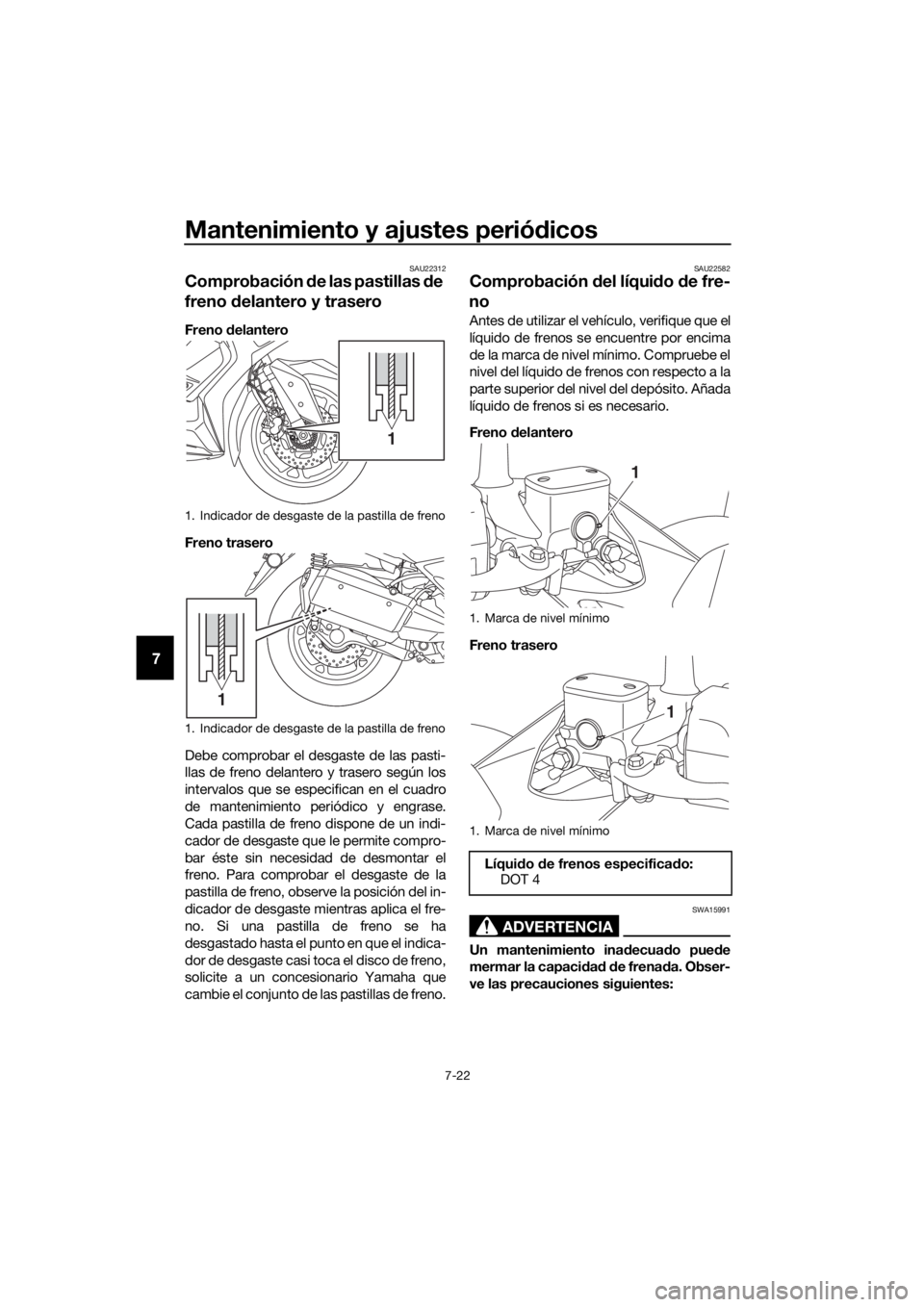 YAMAHA XMAX 300 2017 Manuale de Empleo (in Spanish) Mantenimiento y ajustes periódicos
7-22
7
SAU22312
Comprobación de las pastillas de
freno d elantero y trasero
Freno delantero
Freno trasero
Debe comprobar el desgaste de las pasti-
llas de freno YAMAHA XMAX 300 2017 Manuale de Empleo (in Spanish) Mantenimiento y ajustes periódicos
7-22
7
SAU22312
Comprobación de las pastillas de
freno d elantero y trasero
Freno delantero
Freno trasero
Debe comprobar el desgaste de las pasti-
llas de freno