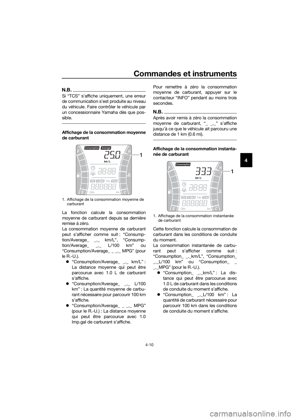 YAMAHA XMAX 300 2017 Notices Demploi (in French) Commandes et instruments
4-10
4
N.B.
Si “TCS” s’affiche uniquement, une erreur
de communication s’est produite au niveau
du véhicule. Faire contrôler le véhicule par
un concessionnaire Yama YAMAHA XMAX 300 2017 Notices Demploi (in French) Commandes et instruments
4-10
4
N.B.
Si “TCS” s’affiche uniquement, une erreur
de communication s’est produite au niveau
du véhicule. Faire contrôler le véhicule par
un concessionnaire Yama