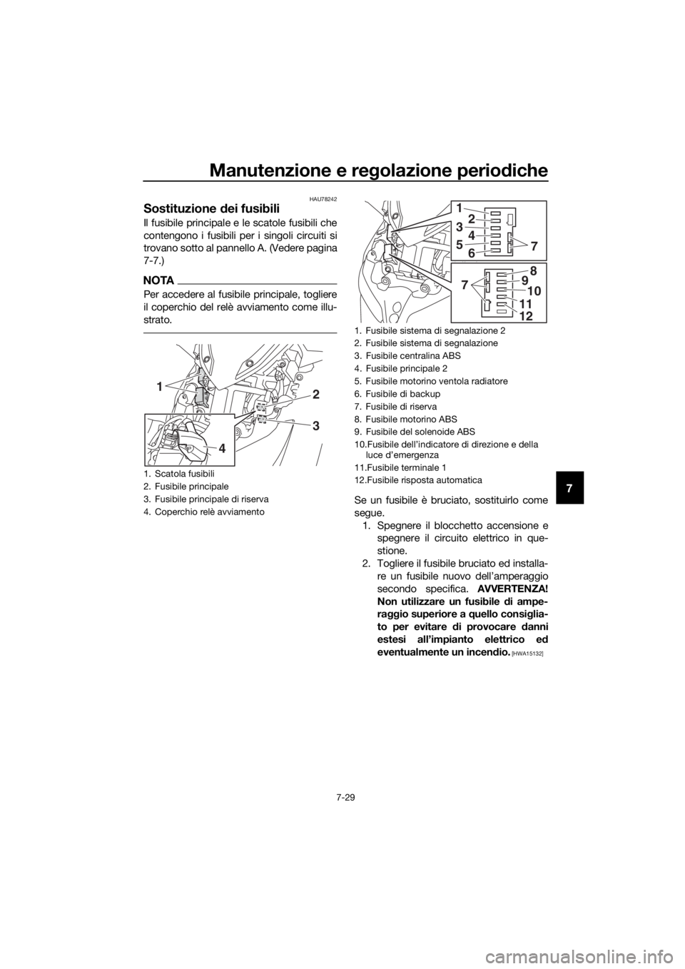 YAMAHA XMAX 300 2017 Manuale duso (in Italian) Manutenzione e regolazione perio diche
7-29
7
HAU78242
Sostituzione dei fusibili
Il fusibile principale e le scatole fusibili che
contengono i fusibili per i singoli circuiti si
trovano sotto al pann YAMAHA XMAX 300 2017 Manuale duso (in Italian) Manutenzione e regolazione perio diche
7-29
7
HAU78242
Sostituzione dei fusibili
Il fusibile principale e le scatole fusibili che
contengono i fusibili per i singoli circuiti si
trovano sotto al pann