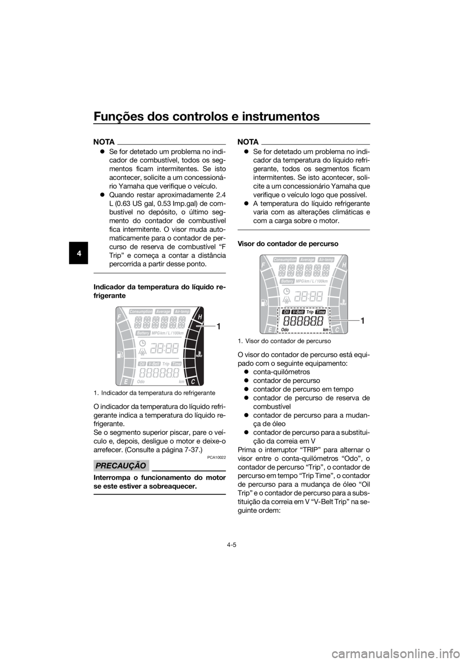 YAMAHA XMAX 300 2017  Manual de utilização (in Portuguese) Funções dos controlos e instrumentos
4-5
4
NOTA
�z Se for detetado um problema no indi-
cador de combustível, todos os seg-
mentos ficam intermitentes. Se isto
acontecer, solicite a um concessioná