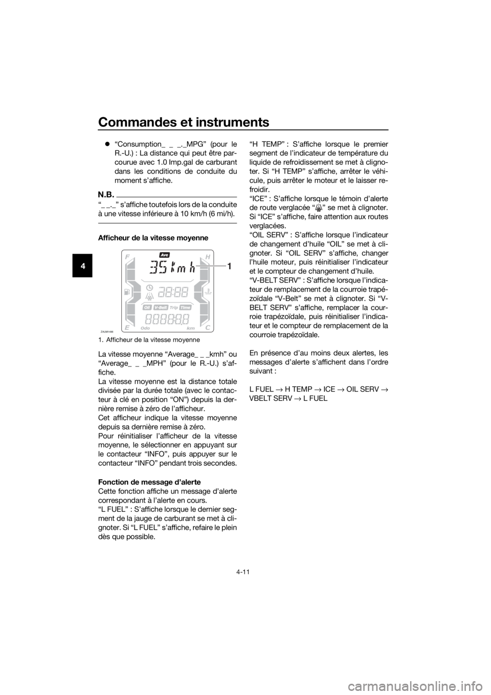 YAMAHA XMAX 400 2020  Notices Demploi (in French) Commandes et instruments
4-11
4
“Consumption_ _ _._MPG” (pour le
R.-U.) : La distance qui peut être par-
courue avec 1.0 Imp.gal de carburant
dans les conditions de conduite du
moment s’affi