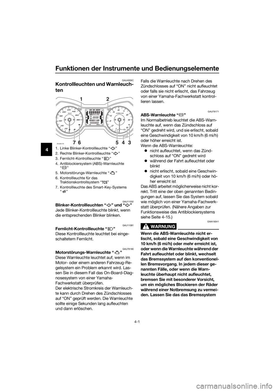 YAMAHA XMAX 400 2018  Betriebsanleitungen (in German) Funktionen der Instrumente und Bedienungselemente
4-1
4
GAU4939C
Kontrollleuchten und Warnleuch-
ten
GAU11032Blinker-Kontrollleuchten “ ” und“”
Jede Blinker-Kontrollleuchte blinkt, wenn 
die e