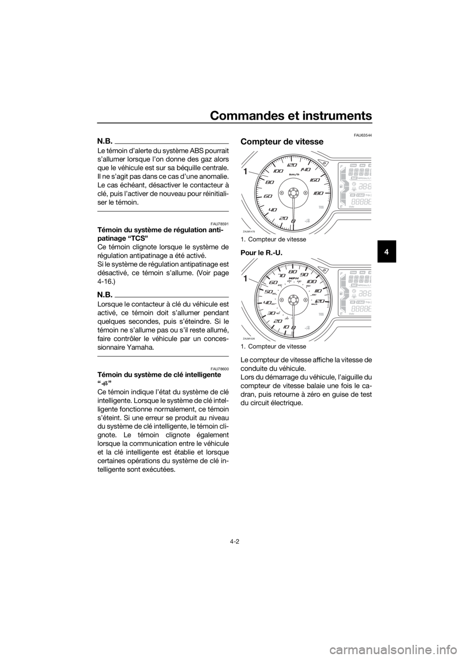 YAMAHA XMAX 400 2018  Notices Demploi (in French) Commandes et instruments
4-2
4
N.B.
Le témoin d’alerte du système ABS pourrait
s’allumer lorsque l’on donne des gaz alors
que le véhicule est sur sa béquille centrale.
Il ne s’agit pas dan