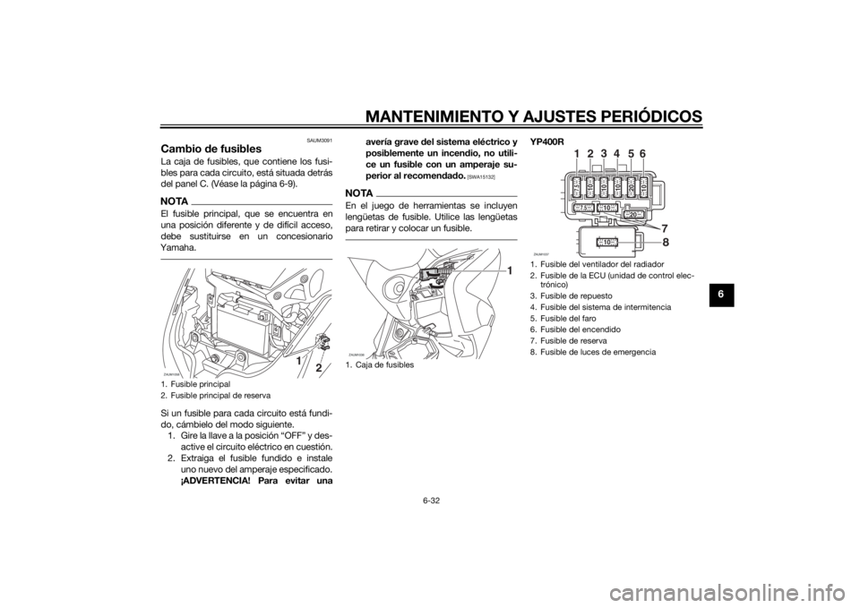 YAMAHA XMAX 400 2016 Manuale de Empleo (in Spanish) MANTENIMIENTO Y AJUSTES PERIÓDICOS
6-32
6
SAUM3091
Cambio de fusiblesLa caja de fusibles, que contiene los fusi-
bles para cada circuito, está situada detrás
del panel C. (Véase la página 6-9).NO YAMAHA XMAX 400 2016 Manuale de Empleo (in Spanish) MANTENIMIENTO Y AJUSTES PERIÓDICOS
6-32
6
SAUM3091
Cambio de fusiblesLa caja de fusibles, que contiene los fusi-
bles para cada circuito, está situada detrás
del panel C. (Véase la página 6-9).NO