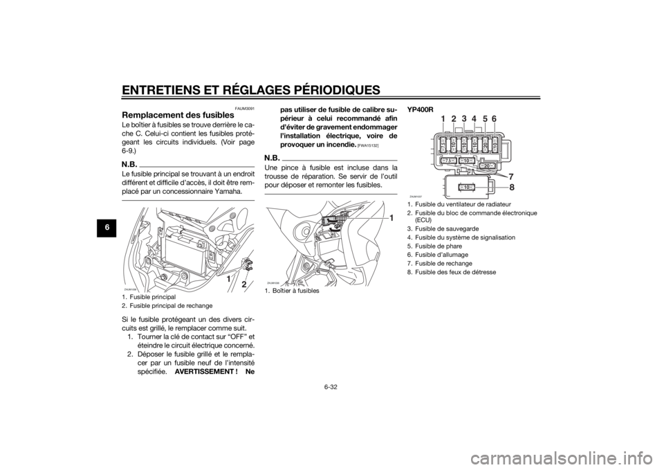 YAMAHA XMAX 400 2016 Notices Demploi (in French) ENTRETIENS ET RÉGLAGES PÉRIODIQUES
6-32
6
FAUM3091
Remplacement des fusiblesLe boîtier à fusibles se trouve derrière le ca-
che C. Celui-ci contient les fusibles proté-
geant les circuits indivi YAMAHA XMAX 400 2016 Notices Demploi (in French) ENTRETIENS ET RÉGLAGES PÉRIODIQUES
6-32
6
FAUM3091
Remplacement des fusiblesLe boîtier à fusibles se trouve derrière le ca-
che C. Celui-ci contient les fusibles proté-
geant les circuits indivi