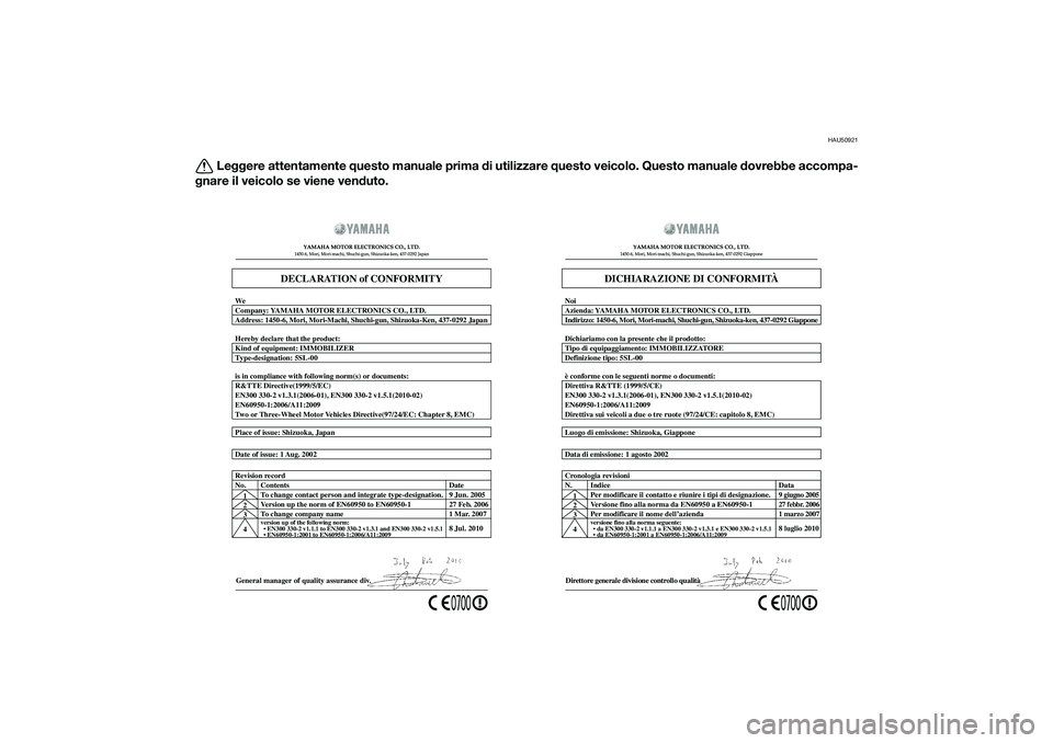 YAMAHA XMAX 400 2015  Manuale duso (in Italian) HAU50921
Leggere attentamente questo manuale prima di utilizzare questo veicolo. Questo manuale dovrebbe accompa-
gnare il veicolo se viene venduto.
General manager of quality assurance div. Date of i