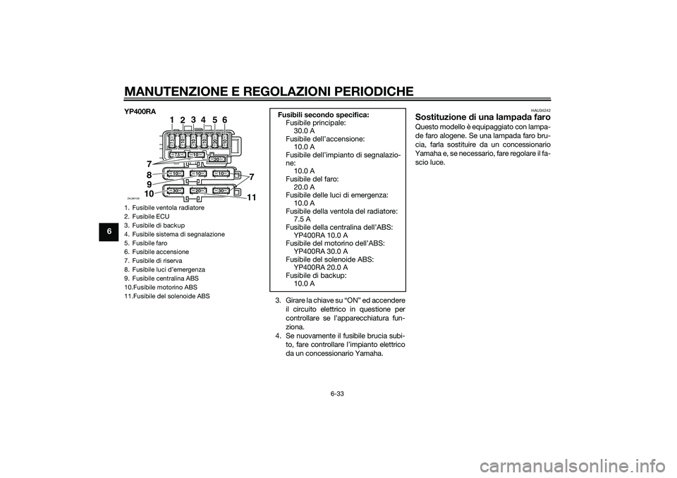 YAMAHA XMAX 400 2016  Manuale duso (in Italian) MANUTENZIONE E REGOLAZIONI PERIODICHE
6-33
6
YP400RA
3. Girare la chiave su “ON” ed accendere
il circuito elettrico in questione per
controllare se l’apparecchiatura fun-
ziona.
4. Se nuovamente