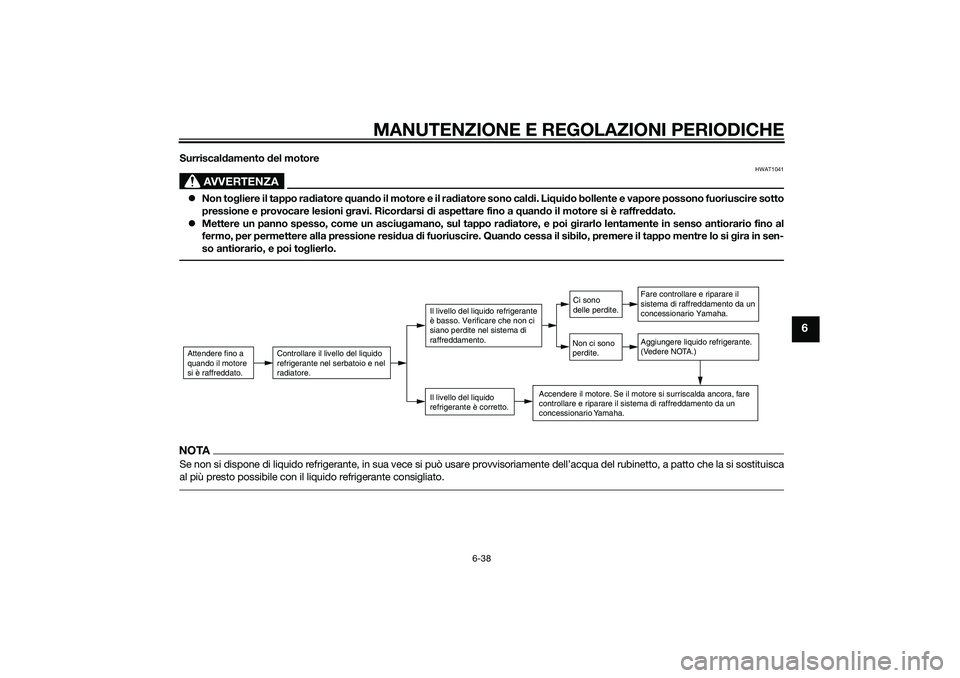 YAMAHA XMAX 400 2016  Manuale duso (in Italian) MANUTENZIONE E REGOLAZIONI PERIODICHE
6-38
6
Surriscaldamento del motore
AVVERTENZA
HWAT1041
Non togliere il tappo radiatore quando il motore e il radiatore sono caldi. Liquido bollente e vapore po
