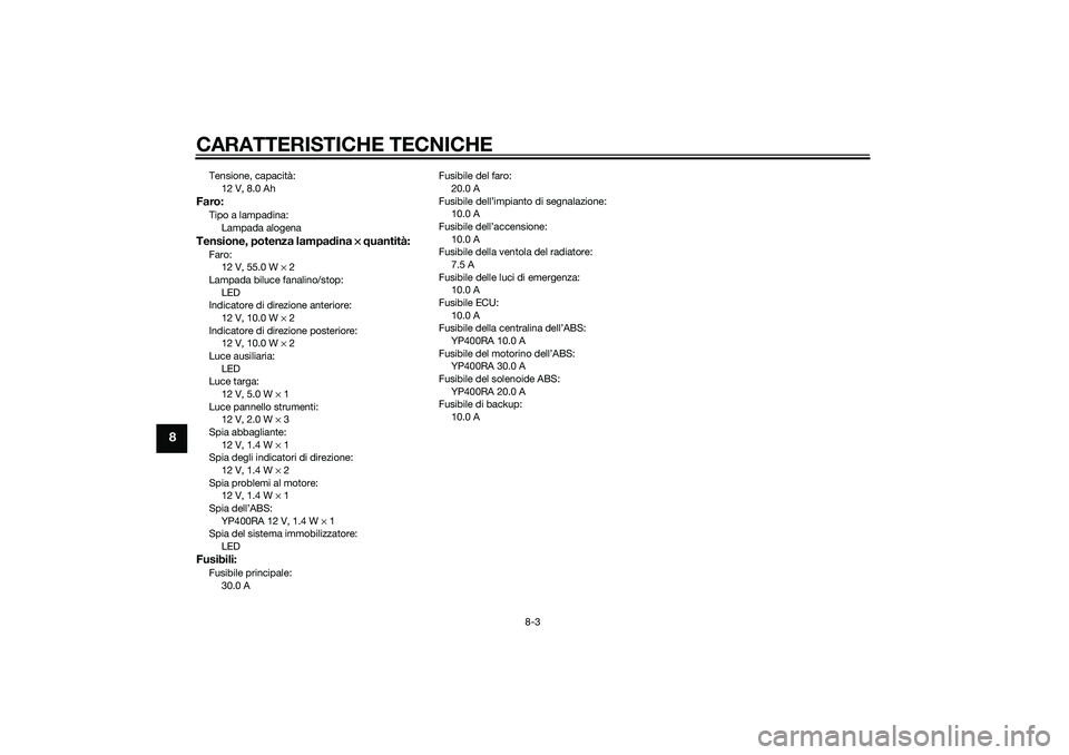 YAMAHA XMAX 400 2016 Manuale duso (in Italian) CARATTERISTICHE TECNICHE
8-3
8
Tensione, capacità:
12 V, 8.0 AhFaro:Tipo a lampadina:
Lampada alogenaTensione, potenza lampadina × quantità:Faro:
12 V, 55.0 W × 2
Lampada biluce fanalino/stop:
LED YAMAHA XMAX 400 2016 Manuale duso (in Italian) CARATTERISTICHE TECNICHE
8-3
8
Tensione, capacità:
12 V, 8.0 AhFaro:Tipo a lampadina:
Lampada alogenaTensione, potenza lampadina × quantità:Faro:
12 V, 55.0 W × 2
Lampada biluce fanalino/stop:
LED