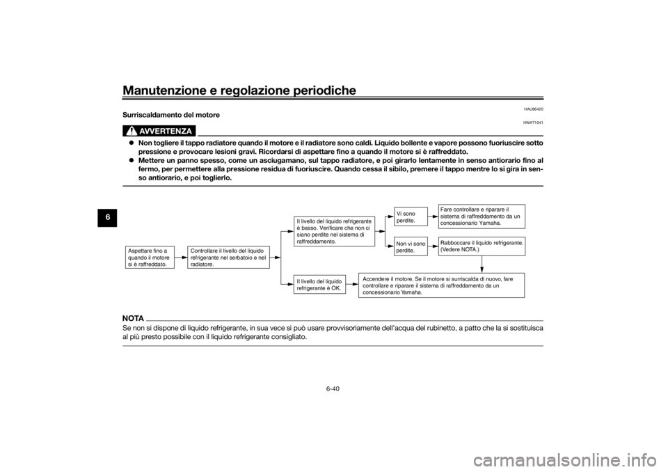 YAMAHA XSR 700 2021 Manuale duso (in Italian) Manutenzione e regolazione perio diche
6-40
6
HAU86420
Surriscal damento del motore
AVVERTENZA
HWAT1041
Non to gliere il tappo rad iatore quand o il motore e il ra diatore sono cal di. Li qui do YAMAHA XSR 700 2021 Manuale duso (in Italian) Manutenzione e regolazione perio diche
6-40
6
HAU86420
Surriscal damento del motore
AVVERTENZA
HWAT1041
Non to gliere il tappo rad iatore quand o il motore e il ra diatore sono cal di. Li qui do