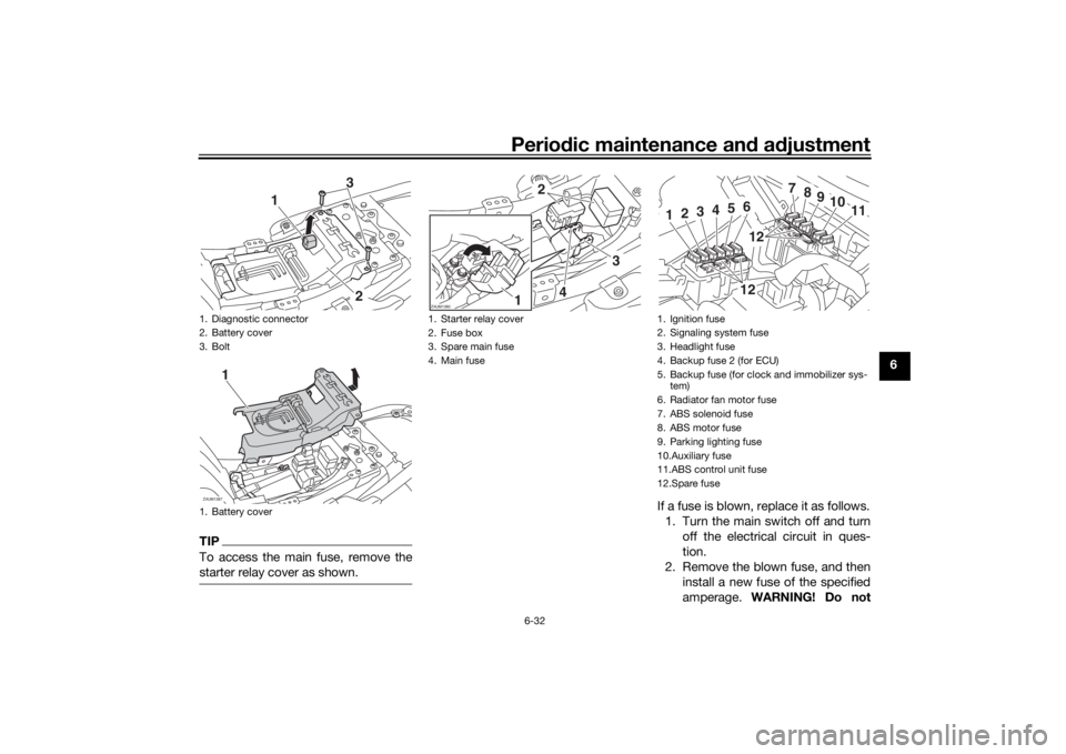 YAMAHA XSR 700 2019 Manual PDF Periodic maintenance and adjustment
6-32
6
TIPTo access the main fuse, remove the
starter relay cover as shown.
If a fuse is blown, replace it as follows.
1. Turn the main switch off and turn
off the 