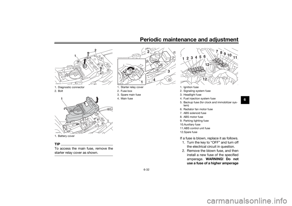 YAMAHA XSR 700 2017 Manual PDF Periodic maintenance and adjustment
6-32
6
TIPTo access the main fuse, remove the
starter relay cover as shown.
If a fuse is blown, replace it as follows.
1. Turn the key to “OFF” and turn off
the YAMAHA XSR 700 2017 Manual PDF Periodic maintenance and adjustment
6-32
6
TIPTo access the main fuse, remove the
starter relay cover as shown.
If a fuse is blown, replace it as follows.
1. Turn the key to “OFF” and turn off
the