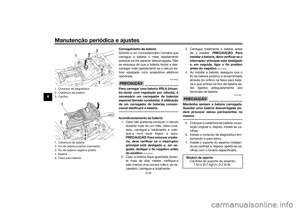 YAMAHA XSR 700 XTRIBUTE 2021 Manual de utilização (in Portuguese) Manutenção periódica e ajustes
6-32
6
Carregamento da bateria
Solicite a um concessionário Yamaha que
carregue a bateria o mais rapidamente
possível se lhe parecer descarregada. Não
se esqueça YAMAHA XSR 700 XTRIBUTE 2021 Manual de utilização (in Portuguese) Manutenção periódica e ajustes
6-32
6
Carregamento da bateria
Solicite a um concessionário Yamaha que
carregue a bateria o mais rapidamente
possível se lhe parecer descarregada. Não
se esqueça