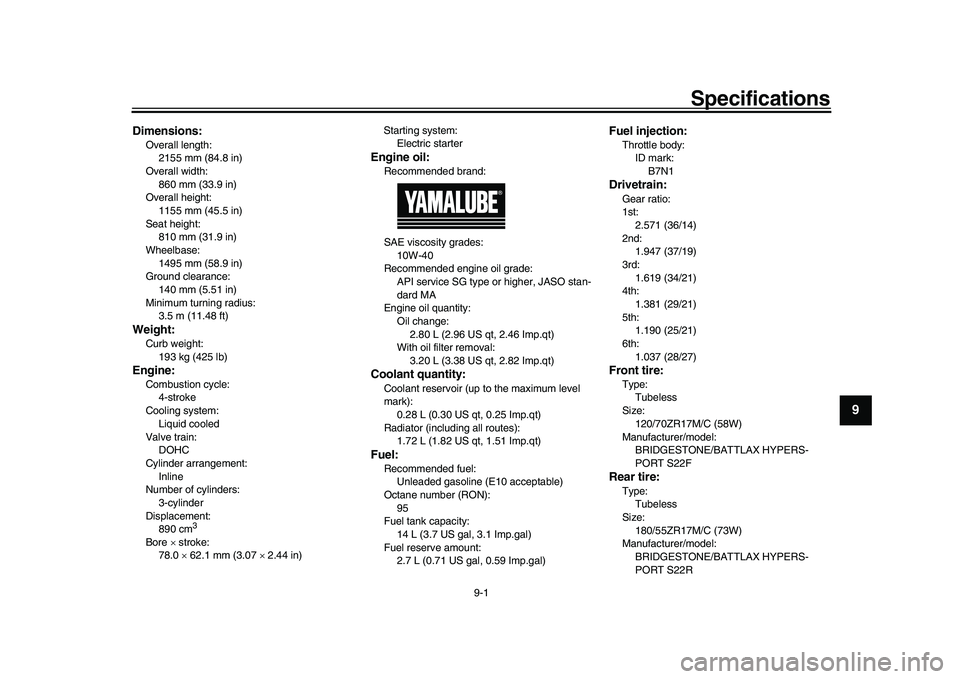YAMAHA XSR 900 2022  Owners Manual 9-1
1
2
3
4
5
6
7
8910
11
12
13
Specifications
EAU84806
Dimensions:Overall length:2155 mm (84.8 in)
Overall width: 860 mm (33.9 in)
Overall height: 1155 mm (45.5 in)
Seat height:
810 mm (31.9 in)
Whee