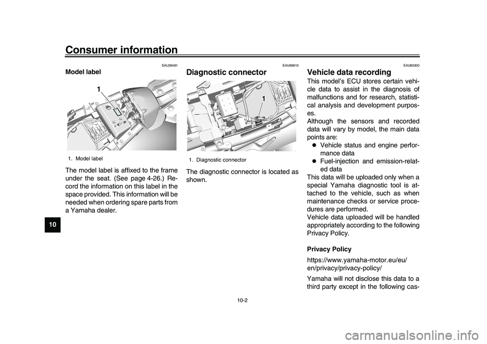 YAMAHA XSR 900 2022 Owners Manual Consumer information
10-2
1
2
3
4
5
6
7
8
910
11
12
13
EAU26481
Model label
The model label is affixed to the frame
under the seat. (See page 4-26.) Re-
cord the information on this label in the
space YAMAHA XSR 900 2022 Owners Manual Consumer information
10-2
1
2
3
4
5
6
7
8
910
11
12
13
EAU26481
Model label
The model label is affixed to the frame
under the seat. (See page 4-26.) Re-
cord the information on this label in the
space