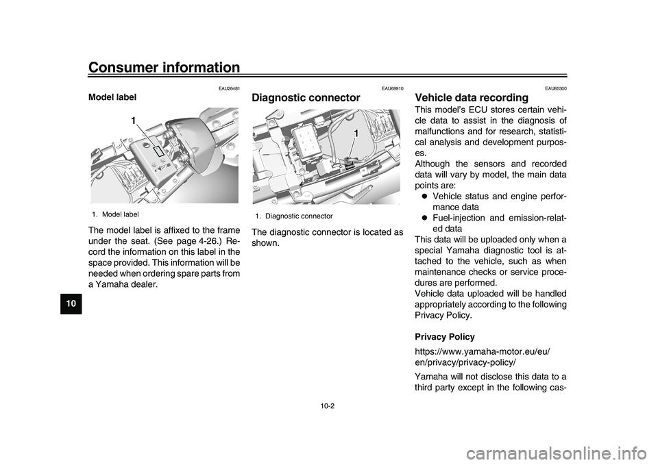 YAMAHA XSR 900 2022  Owners Manual Consumer information
10-2
1
2
3
4
5
6
7
8
910
11
12
13
EAU26481
Model label
The model label is affixed to the frame
under the seat. (See page 4-26.) Re-
cord the information on this label in the
space