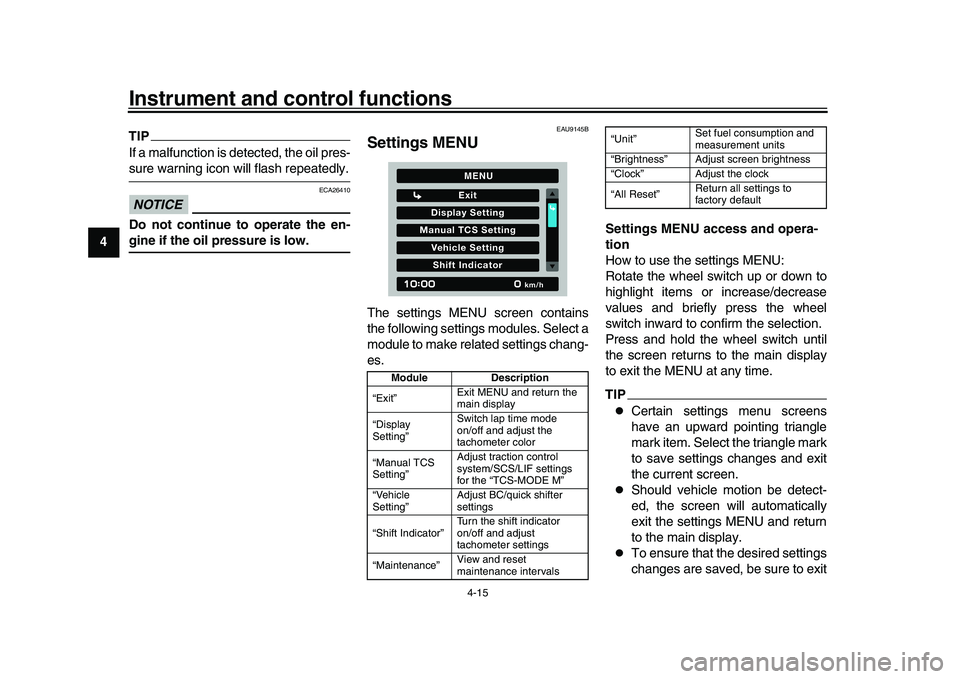 YAMAHA XSR 900 2022  Owners Manual Instrument and control functions
4-15
1
2
34
5
6
7
8
9
10
11
12
13
TIPIf a malfunction is detected, the oil pres-sure warning icon will flash repeatedly.NOTICE
ECA26410
Do not continue to operate the 