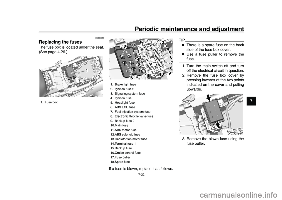 YAMAHA XSR 900 2022  Owners Manual Periodic maintenance and adjustment7-32
1
2
3
4
5
678
9
10
11
12
13
EAU91572
Replacing the fusesThe fuse box is located under the seat.
(See page 4-26.)
If a fuse is blown, replace it as follows.
TIP�
