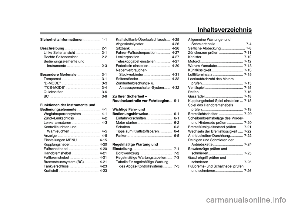 YAMAHA XSR 900 2022 Betriebsanleitungen (in German) Inhaltsverzeichnis
Sicherheitsinformationen................. 1-1
Beschreibung .................................... 2-1
Linke Seitenansicht ......................... 2-1
Rechte Seitenansicht ....... YAMAHA XSR 900 2022 Betriebsanleitungen (in German) Inhaltsverzeichnis
Sicherheitsinformationen................. 1-1
Beschreibung .................................... 2-1
Linke Seitenansicht ......................... 2-1
Rechte Seitenansicht .......