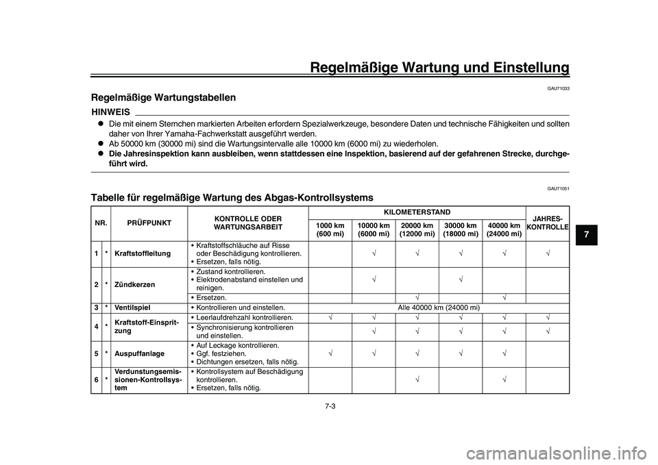YAMAHA XSR 900 2022  Betriebsanleitungen (in German) Regelmäßige Wartung und Einstellung
7-3
1
2
3
4
5
678
9
10
11
12
13
GAU71033
Regelmäßige WartungstabellenHINWEIS
Die mit einem Sternchen markierten Arbei ten erfordern Spezialwerkzeuge, besonde